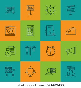 Set Of 16 Project Management Icons. Can Be Used For Web, Mobile, UI And Infographic Design. Includes Elements Such As Office, Decision, Analysis And More.