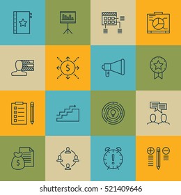 Set Of 16 Project Management Icons. Can Be Used For Web, Mobile, UI And Infographic Design. Includes Elements Such As Task, Cash, Time And More.