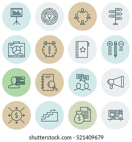 Set Of 16 Project Management Icons. Can Be Used For Web, Mobile, UI And Infographic Design. Includes Elements Such As Cash, Personal, Management And More.