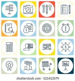 Set Of 16 Project Management Icons. Can Be Used For Web, Mobile, UI And Infographic Design. Includes Elements Such As Finance, Decision, Revenue And More.