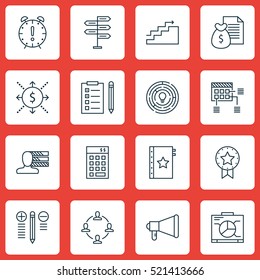 Set Of 16 Project Management Icons. Can Be Used For Web, Mobile, UI And Infographic Design. Includes Elements Such As Task, Badge, Time And More.