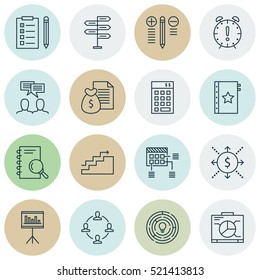 Set Of 16 Project Management Icons. Can Be Used For Web, Mobile, UI And Infographic Design. Includes Elements Such As Report, Time, Cash And More.