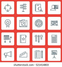 Set Of 16 Project Management Icons. Can Be Used For Web, Mobile, UI And Infographic Design. Includes Elements Such As Office, Investment, Right And More.
