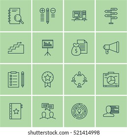 Set Of 16 Project Management Icons. Can Be Used For Web, Mobile, UI And Infographic Design. Includes Elements Such As Brainstorming, Money, Idea And More.