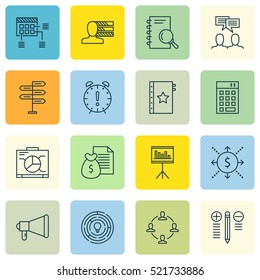 Set Of 16 Project Management Icons. Can Be Used For Web, Mobile, UI And Infographic Design. Includes Elements Such As Meeting, Discussion, Finance And More.