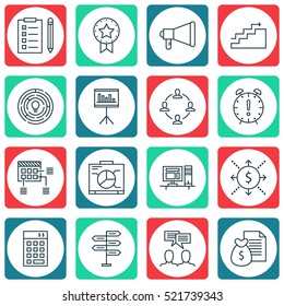 Set Of 16 Project Management Icons. Can Be Used For Web, Mobile, UI And Infographic Design. Includes Elements Such As Dashboard, Revenue, Deadline And More.