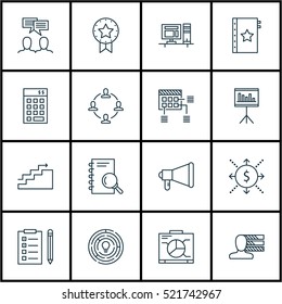 Set Of 16 Project Management Icons. Can Be Used For Web, Mobile, UI And Infographic Design. Includes Elements Such As Reminder, Investment, Office And More.