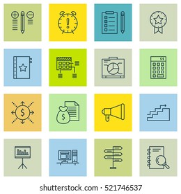 Set Of 16 Project Management Icons. Can Be Used For Web, Mobile, UI And Infographic Design. Includes Elements Such As Computer, Fork, Office And More.