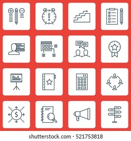Set Of 16 Project Management Icons. Can Be Used For Web, Mobile, UI And Infographic Design. Includes Elements Such As Teamwork, Research, Fork And More.