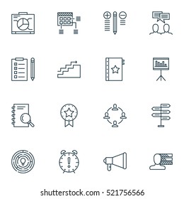Set Of 16 Project Management Icons. Can Be Used For Web, Mobile, UI And Infographic Design. Includes Elements Such As Plan, Promotion, Presentation And More.