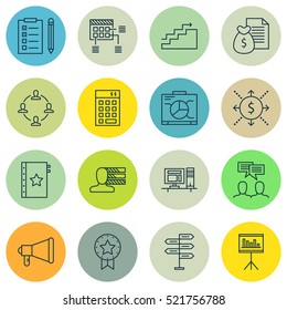 Set Of 16 Project Management Icons. Can Be Used For Web, Mobile, UI And Infographic Design. Includes Elements Such As Team, Investment, Fork And More.