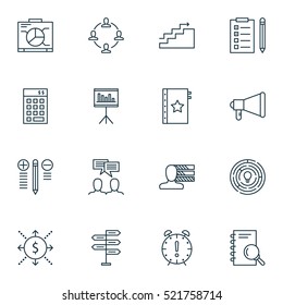Set Of 16 Project Management Icons. Can Be Used For Web, Mobile, UI And Infographic Design. Includes Elements Such As Team, Money, Right And More.
