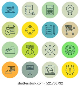 Set Of 16 Project Management Icons. Can Be Used For Web, Mobile, UI And Infographic Design. Includes Elements Such As Finance, Collaboration, Presentation And More.