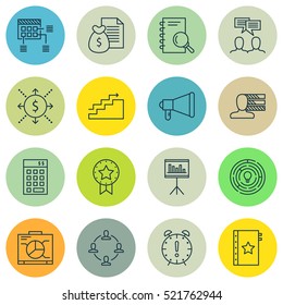 Set Of 16 Project Management Icons. Can Be Used For Web, Mobile, UI And Infographic Design. Includes Elements Such As Dashboard, Personal, Badge And More.