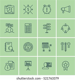 Set Of 16 Project Management Icons. Can Be Used For Web, Mobile, UI And Infographic Design. Includes Elements Such As Win, Promotion, Project And More.