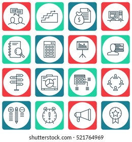 Set Of 16 Project Management Icons. Can Be Used For Web, Mobile, UI And Infographic Design. Includes Elements Such As Research, Personality, Meeting And More.