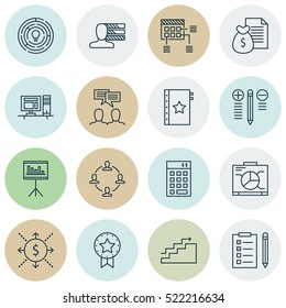 Set Of 16 Project Management Icons. Can Be Used For Web, Mobile, UI And Infographic Design. Includes Elements Such As Teamwork, Cash, Task And More.