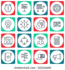 Set Of 16 Project Management Icons. Can Be Used For Web, Mobile, UI And Infographic Design. Includes Elements Such As Project, Discussion, Badge And More.
