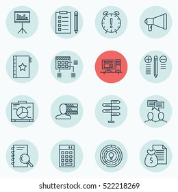 Set Of 16 Project Management Icons. Can Be Used For Web, Mobile, UI And Infographic Design. Includes Elements Such As Idea, Statistics, Advertising And More.