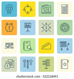 Set Of 16 Project Management Icons. Can Be Used For Web, Mobile, UI And Infographic Design. Includes Elements Such As Flow, Idea, Collaboration And More.