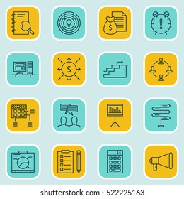 Set Of 16 Project Management Icons. Can Be Used For Web, Mobile, UI And Infographic Design. Includes Elements Such As Team, Time, Computer And More.