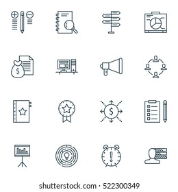 Set Of 16 Project Management Icons. Can Be Used For Web, Mobile, UI And Infographic Design. Includes Elements Such As Office, Brainstorming, List And More.