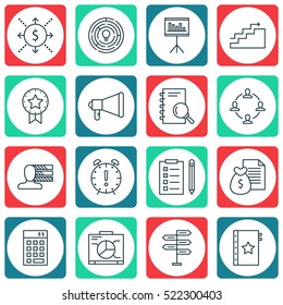 Set Of 16 Project Management Icons. Can Be Used For Web, Mobile, UI And Infographic Design. Includes Elements Such As List, Promotion, Team And More.