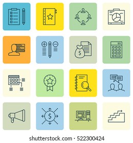 Set Of 16 Project Management Icons. Can Be Used For Web, Mobile, UI And Infographic Design. Includes Elements Such As Win, Solution, Analysis And More.