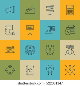 Set Of 16 Project Management Icons. Can Be Used For Web, Mobile, UI And Infographic Design. Includes Elements Such As Personality, Budget, Collaboration And More.