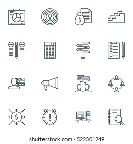 Set Of 16 Project Management Icons. Can Be Used For Web, Mobile, UI And Infographic Design. Includes Elements Such As Analysis, Announcement, Teamwork And More.