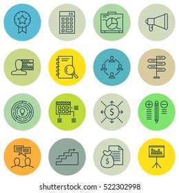 Set Of 16 Project Management Icons. Can Be Used For Web, Mobile, UI And Infographic Design. Includes Elements Such As Announcement, Schedule, Revenue And More.