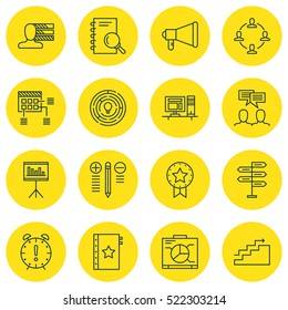 Set Of 16 Project Management Icons. Can Be Used For Web, Mobile, UI And Infographic Design. Includes Elements Such As Statistic, Meeting, Brainstorming And More.