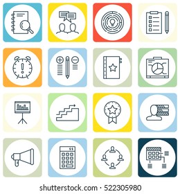 Set Of 16 Project Management Icons. Can Be Used For Web, Mobile, UI And Infographic Design. Includes Elements Such As Advertising, Dashboard, Time And More.