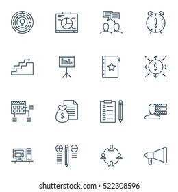 Set Of 16 Project Management Icons. Can Be Used For Web, Mobile, UI And Infographic Design. Includes Elements Such As Personality, Revenue, Report And More.