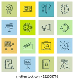 Set Of 16 Project Management Icons. Can Be Used For Web, Mobile, UI And Infographic Design. Includes Elements Such As Award, Win, Badge And More.