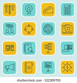 Set Of 16 Project Management Icons. Can Be Used For Web, Mobile, UI And Infographic Design. Includes Elements Such As Growth, Advertising, Brainstorm And More.