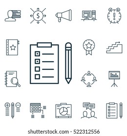 Set Of 16 Project Management Icons. Can Be Used For Web, Mobile, UI And Infographic Design. Includes Elements Such As Announcement, Reminder, Decision And More.