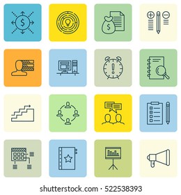 Set Of 16 Project Management Icons. Can Be Used For Web, Mobile, UI And Infographic Design. Includes Elements Such As Time, Workspace, Research And More.