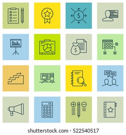 Set Of 16 Project Management Icons. Can Be Used For Web, Mobile, UI And Infographic Design. Includes Elements Such As Reminder, Personality, Workspace And More.