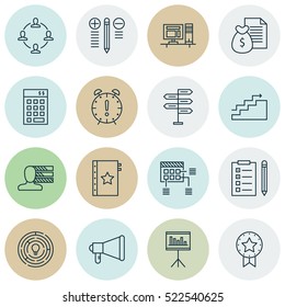 Set Of 16 Project Management Icons. Can Be Used For Web, Mobile, UI And Infographic Design. Includes Elements Such As List, Promotion, Advertising And More.