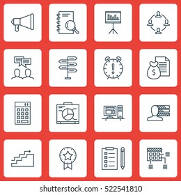Set Of 16 Project Management Icons. Can Be Used For Web, Mobile, UI And Infographic Design. Includes Elements Such As Discussion, Presentation, Win And More.