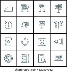 Set Of 16 Project Management Icons. Can Be Used For Web, Mobile, UI And Infographic Design. Includes Elements Such As List, Time, Project And More.
