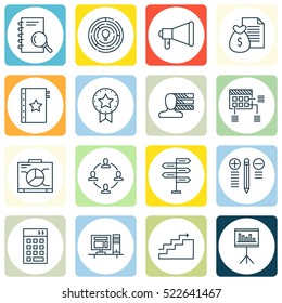 Set Of 16 Project Management Icons. Can Be Used For Web, Mobile, UI And Infographic Design. Includes Elements Such As Award, Personality, Money And More.