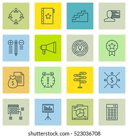 Set Of 16 Project Management Icons. Can Be Used For Web, Mobile, UI And Infographic Design. Includes Elements Such As Goal, Warranty, Finance And More.