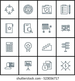Set Of 16 Project Management Icons. Can Be Used For Web, Mobile, UI And Infographic Design. Includes Elements Such As Team, Brainstorm, Dashboard And More.