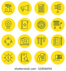 Set Of 16 Project Management Icons. Can Be Used For Web, Mobile, UI And Infographic Design. Includes Elements Such As Meeting, Notebook, Award And More.