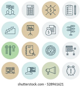 Set Of 16 Project Management Icons. Can Be Used For Web, Mobile, UI And Infographic Design. Includes Elements Such As Computer, Discussion, Time Management And More.