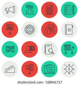 Set Of 16 Project Management Icons. Can Be Used For Web, Mobile, UI And Infographic Design. Includes Elements Such As Money, Announcement, Presentation And More.