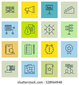 Set Of 16 Project Management Icons. Can Be Used For Web, Mobile, UI And Infographic Design. Includes Elements Such As Growth, Present Badge, Board And More.