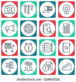 Set Of 16 Project Management Icons. Can Be Used For Web, Mobile, UI And Infographic Design. Includes Elements Such As Growth, Opportunity, Discussion And More.